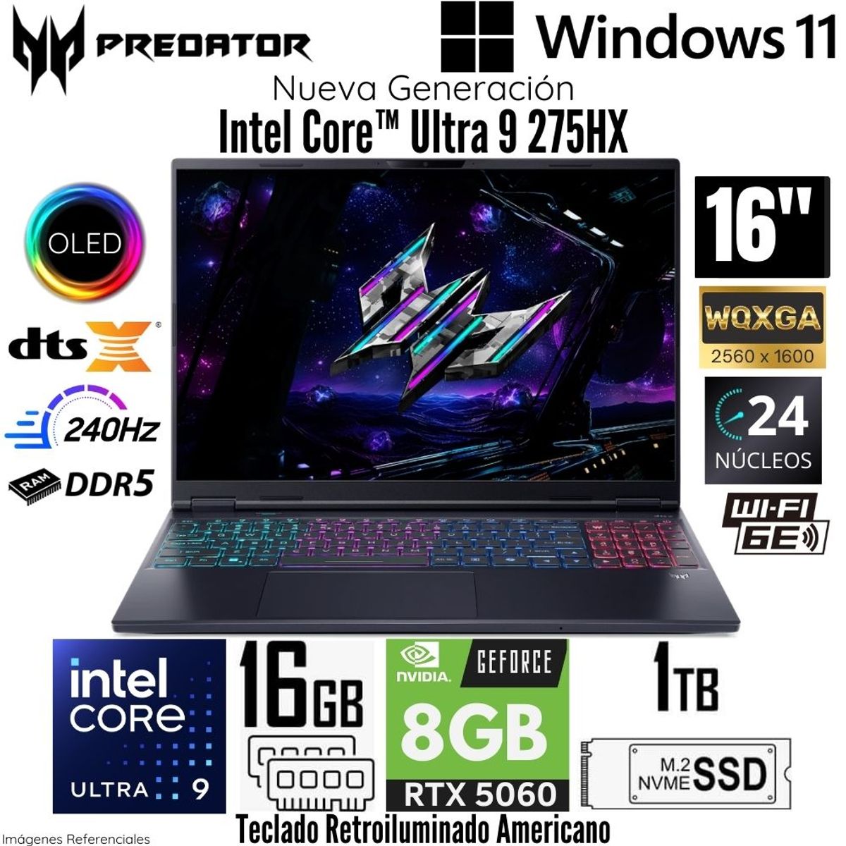 ACER - Laptop Acer Predator Helios NEO 16S AI Intel Core Ultra 9- 275HX 16GB RAM 1TB SSD 16"  OLED RTX5060-8GB WIN11