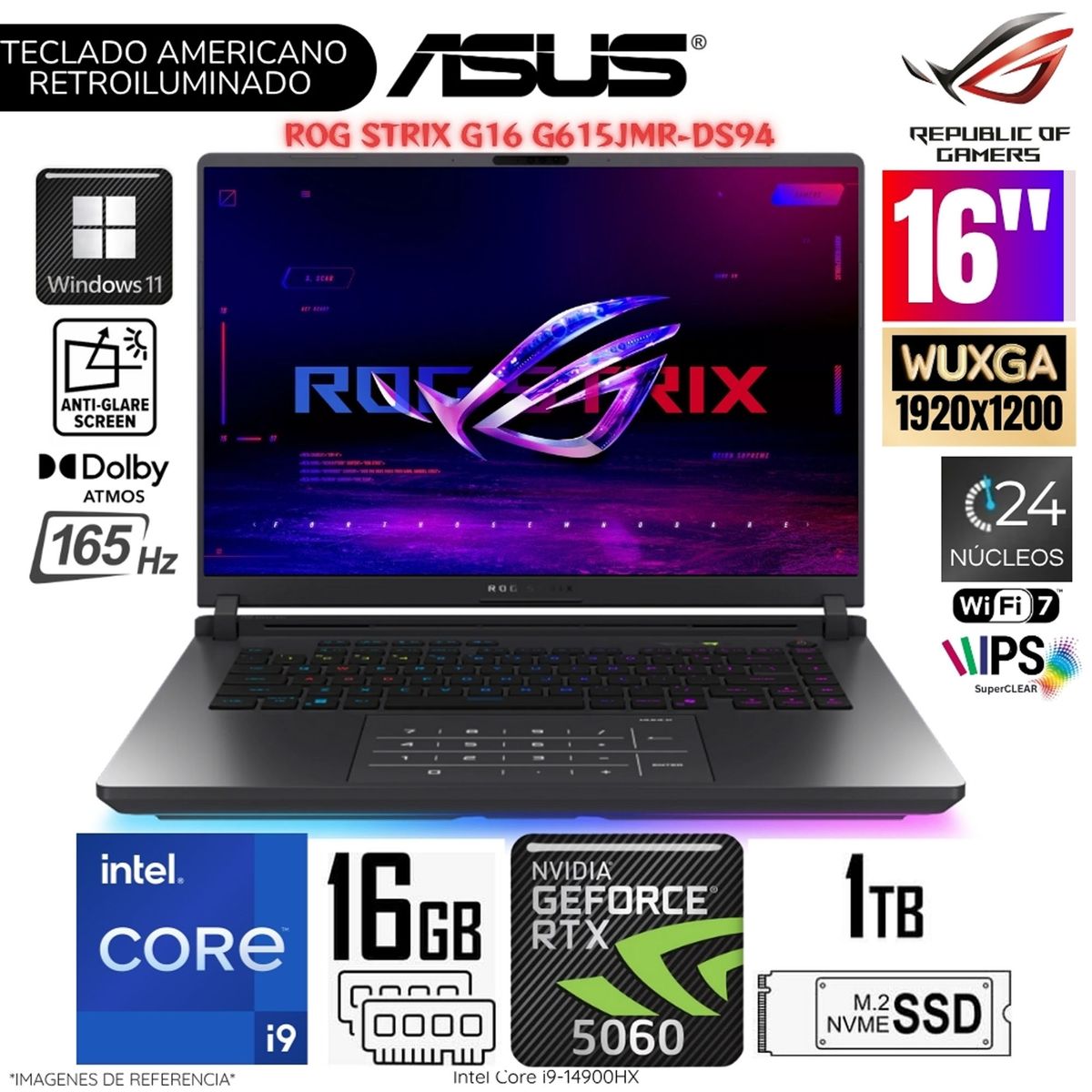 ASUS - Laptop Asus Gaming Rog Strix G615JMR-DS94 Intel Corei9-14900HX 16GB RAM 1TB SSD 16 WQXGA RTX5060-8GB WIN11