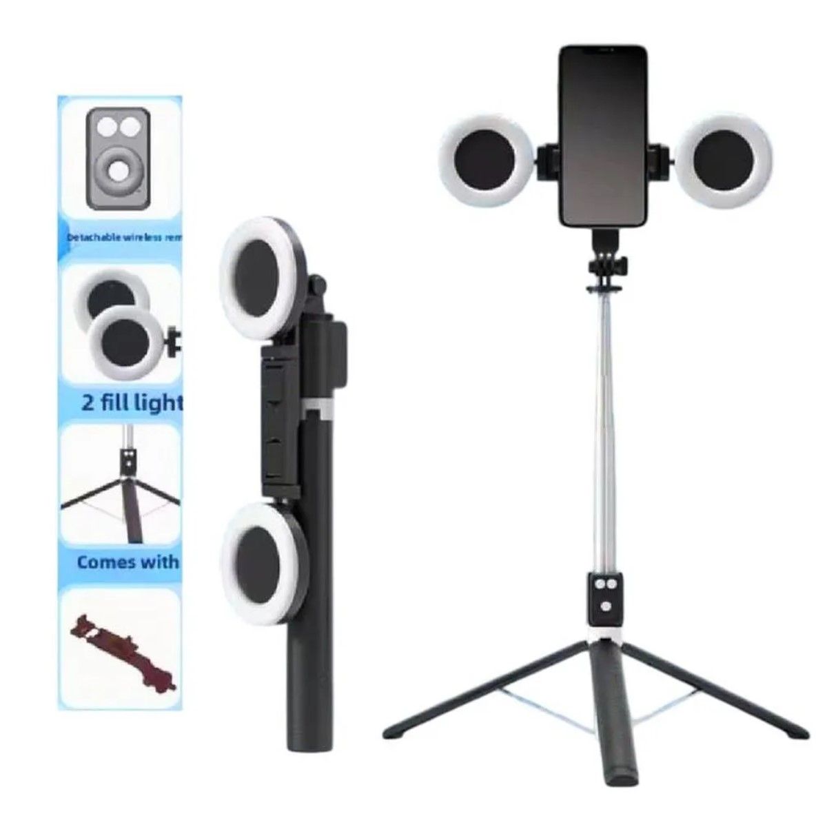 GENERICO - Trípode Palo Selfie Stick con Control Bluetooth Doble Aro Luz Led 1. 70 MT