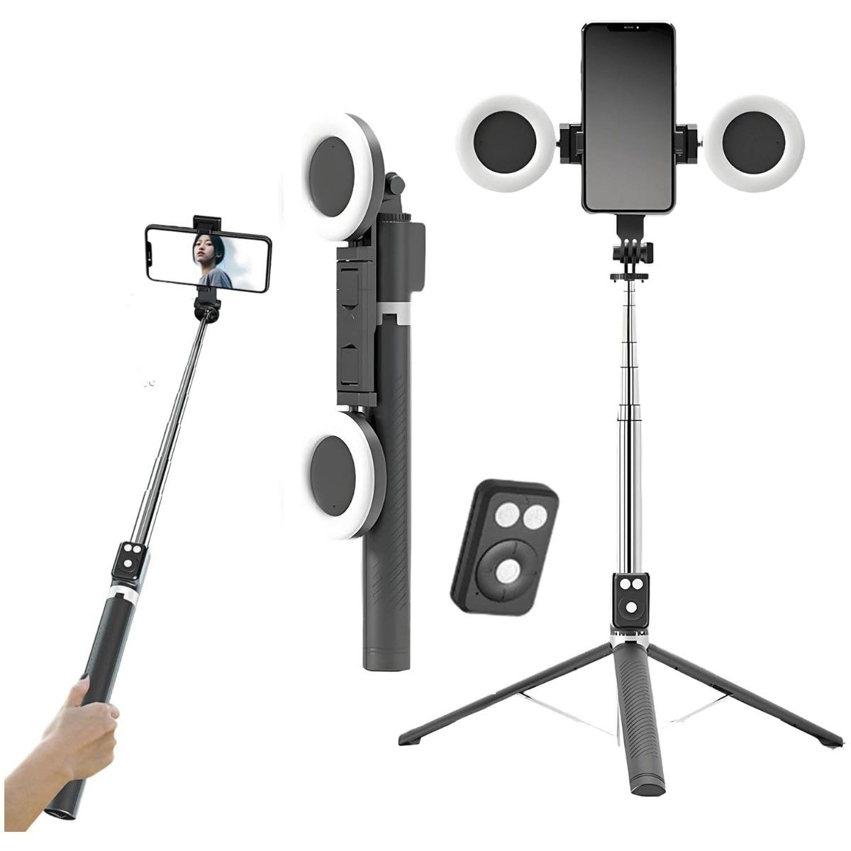 GENERICO - Trípode Palo Selfie Stick con Control Bluetooth Doble Aro Luz Led 1. 70 MT