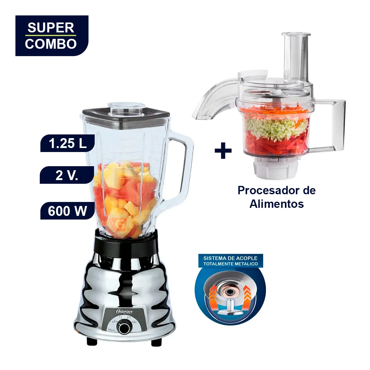 OSTER - COMBO OSTER LICUADORA 1.25L DE 2 VELOCIDADES 250-22 + PROCESADOR DE ALIMENTOS Oster® BLSTFP-W00