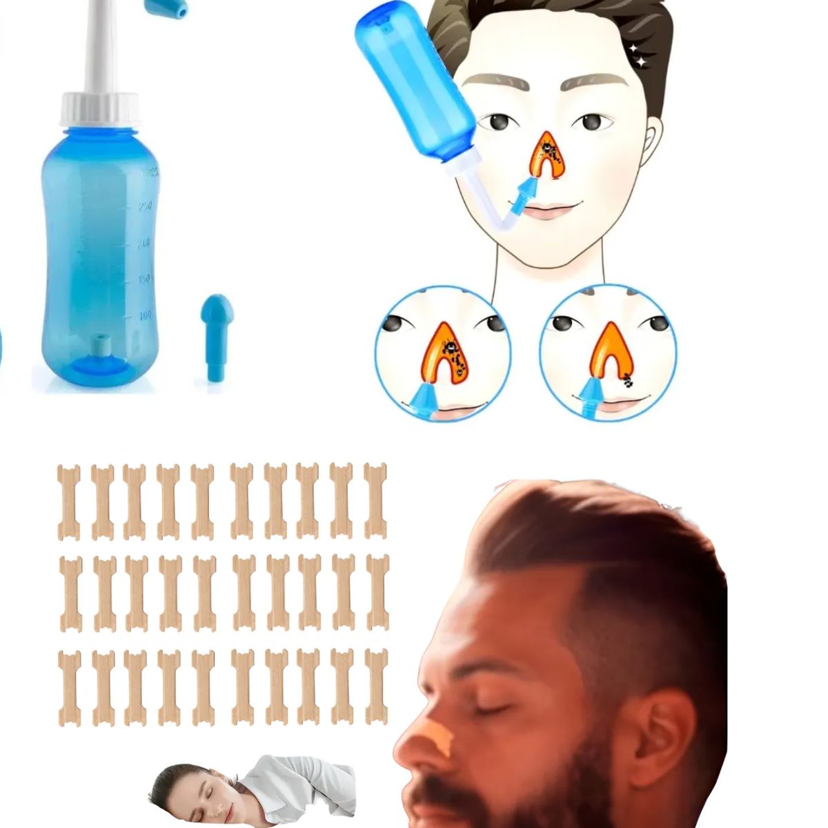 OEM - Limpiador Irrigador Lavado Nasal Botella + 30 Tiras Nasales