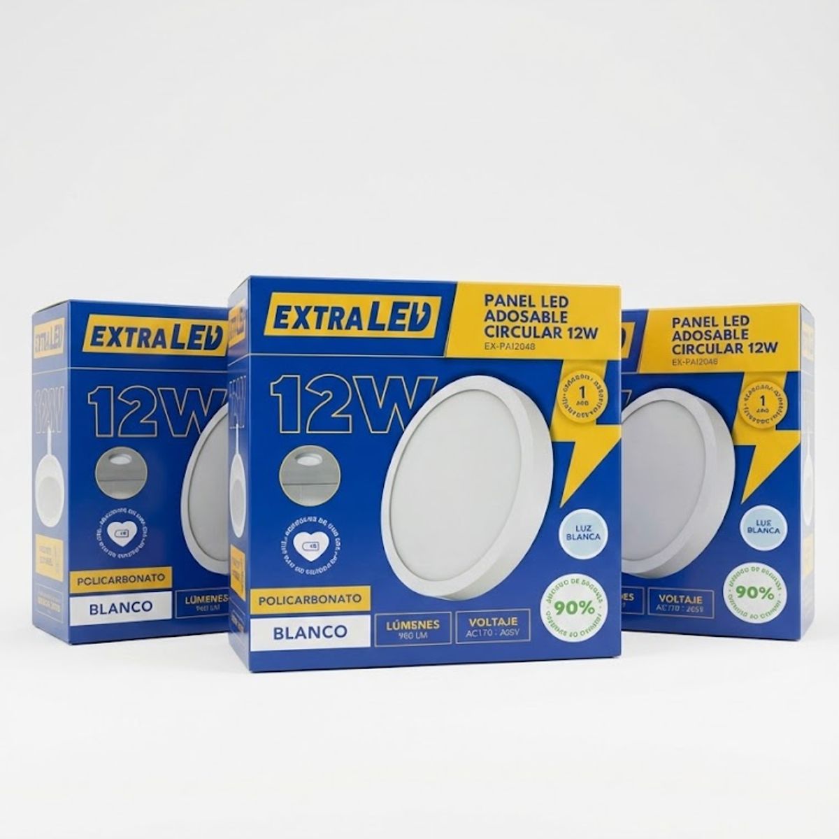 EXTRALED - Pack x3 Panel Led Adosable Circular 12w Luz Blanca 6500K  De Policarbonato Extraled