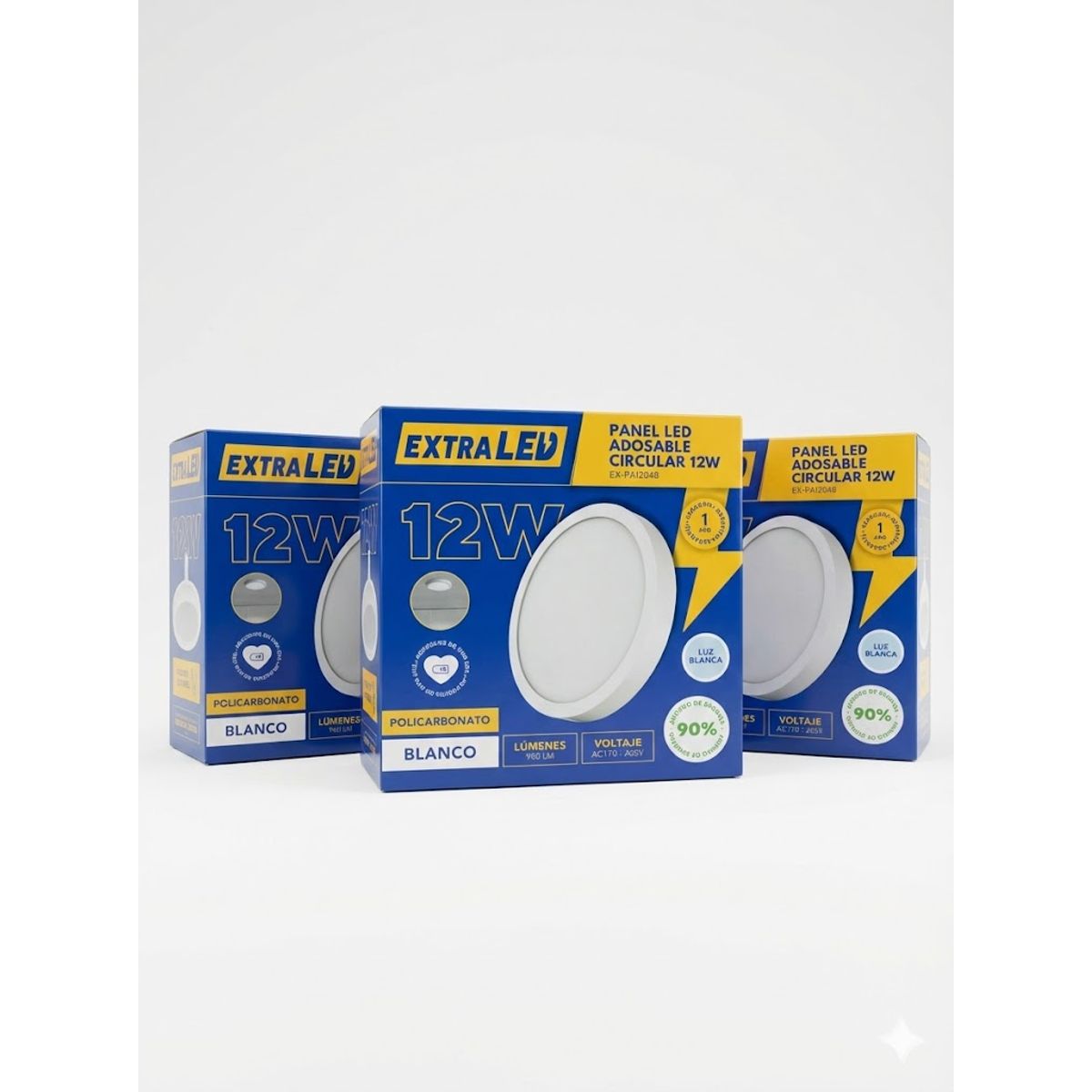 EXTRALED - Pack x3 Panel Led Adosable Circular 12w Luz Blanca 6500K  De Policarbonato Extraled