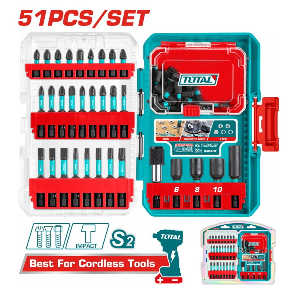 TOTAL - Punteras y dados para Atornillador de impacto 51pcs TACSDL25106 TOTAL