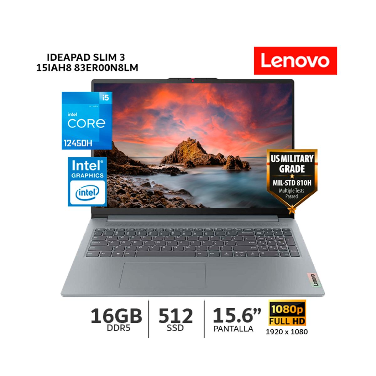 LENOVO - Laptop Lenovo IdeaPad Slim 3 15IAH8 Core I5-12450H 16Gb Ram/ 512 SSD/ 15.6" FHD - 83ER00N8LM