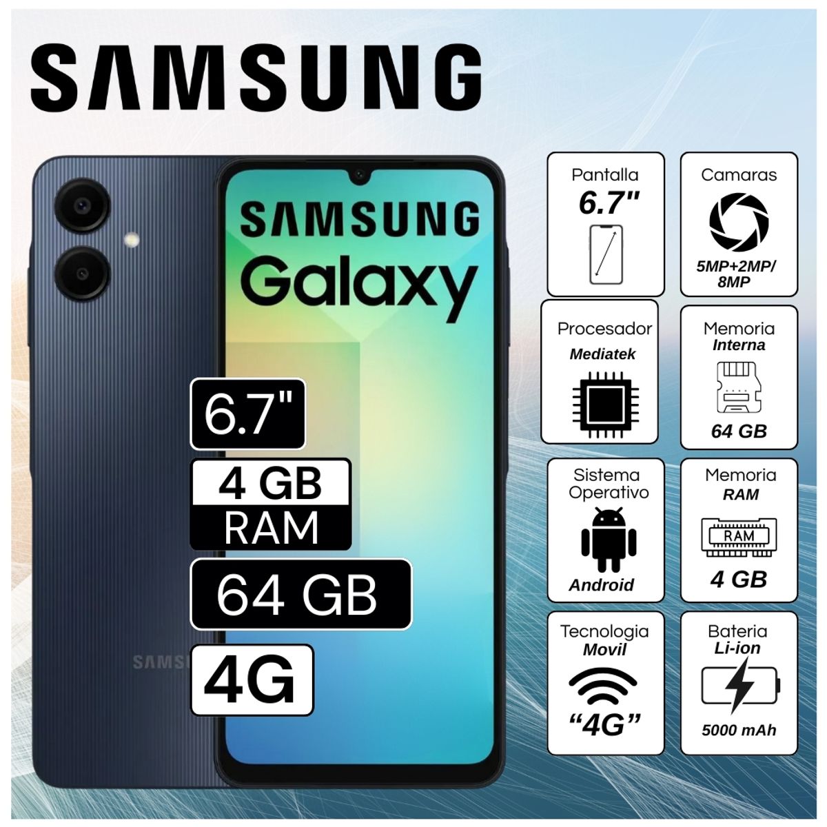 Celular Samsung Galaxy A06 4GB RAM 64GB 6.7"  Pulg. - Negro, marca SAMSUNG - Foto Principal