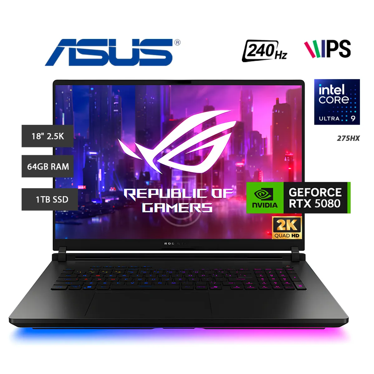 ASUS - Laptop ASUS ROG Strix SCAR G18 G835LW SA152W Intel Core Ultra 9 275HX 64GB RTX 5080 16GB SSD 1TB 18 Pulgadas 2 5K W11 Home