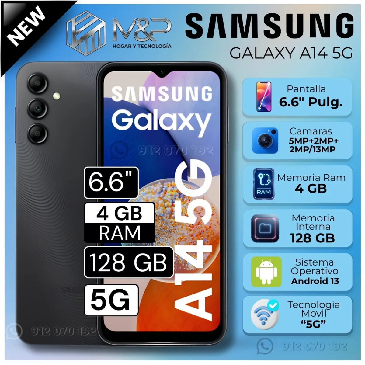 SAMSUNG - Celular Samsung Galaxy A14 5G 4GB RAM 128GB 6.6"  Pulg. Android 13 - Negro