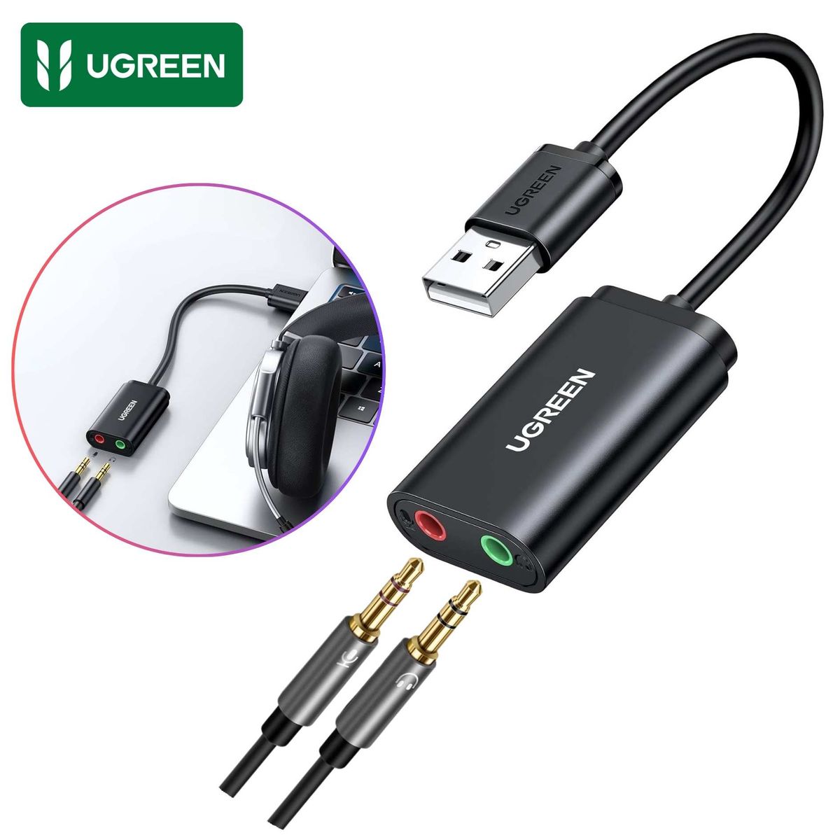 UGREEN - Adaptador Audio UGREEN USB a Jack 3.5mm Tarjeta de Sonido Externa Jack 3.5mm  para Audífonos y Micrófono