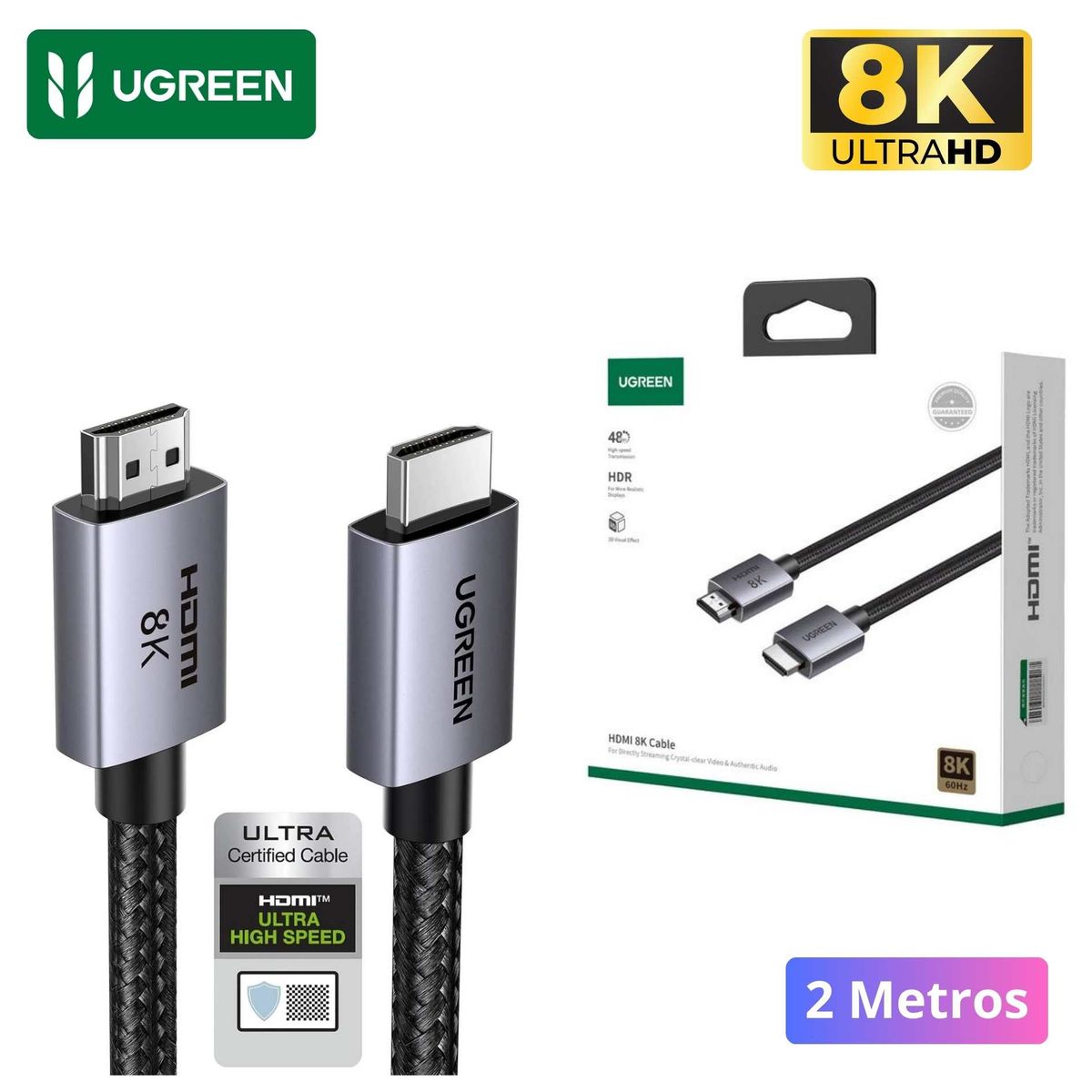 UGREEN - Cable HDMI UGREEN 8K HDMI 2.1 48Gbps Dolby Atmos HDR 2 Metros para PS5,  Xbox y PC