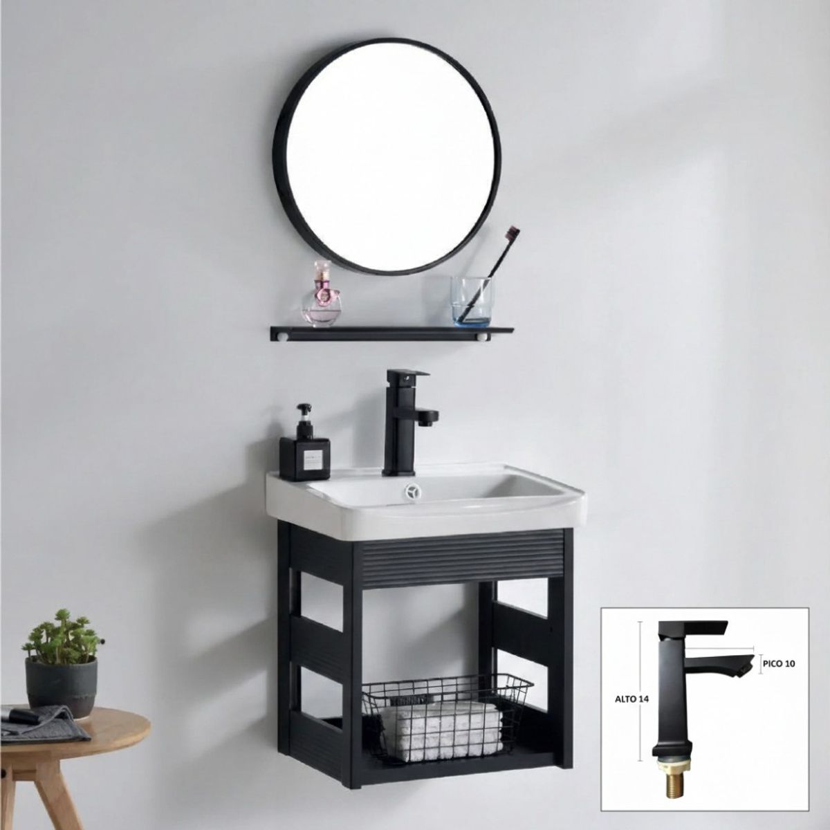 FRATELLI - COMBO PARA BAÑO, VANITORIO FRATELLI - ESPEJO CIRCULAR + MUEBLE FLOTANTE NEGRO -GRIFO MONOMANDO 50X35CM