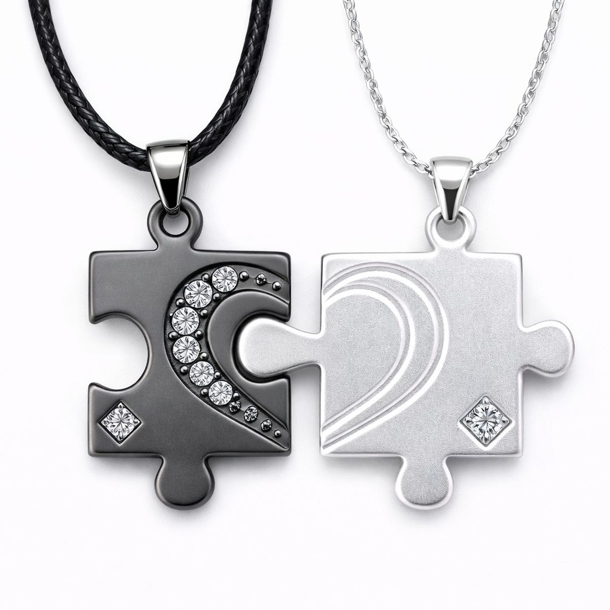 GENERICO - Collares para Parejas Rompecabezas Plateado y Negro con Brillos