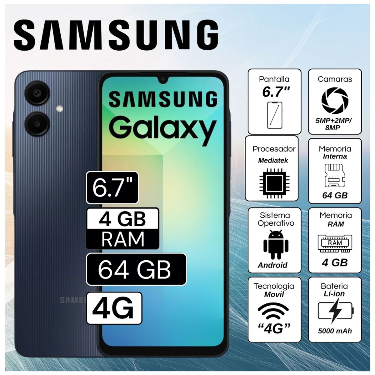 Celular Samsung Galaxy A06 4GB RAM 64GB 6.7"  Pulg. - Negro, marca SAMSUNG - Foto Principal
