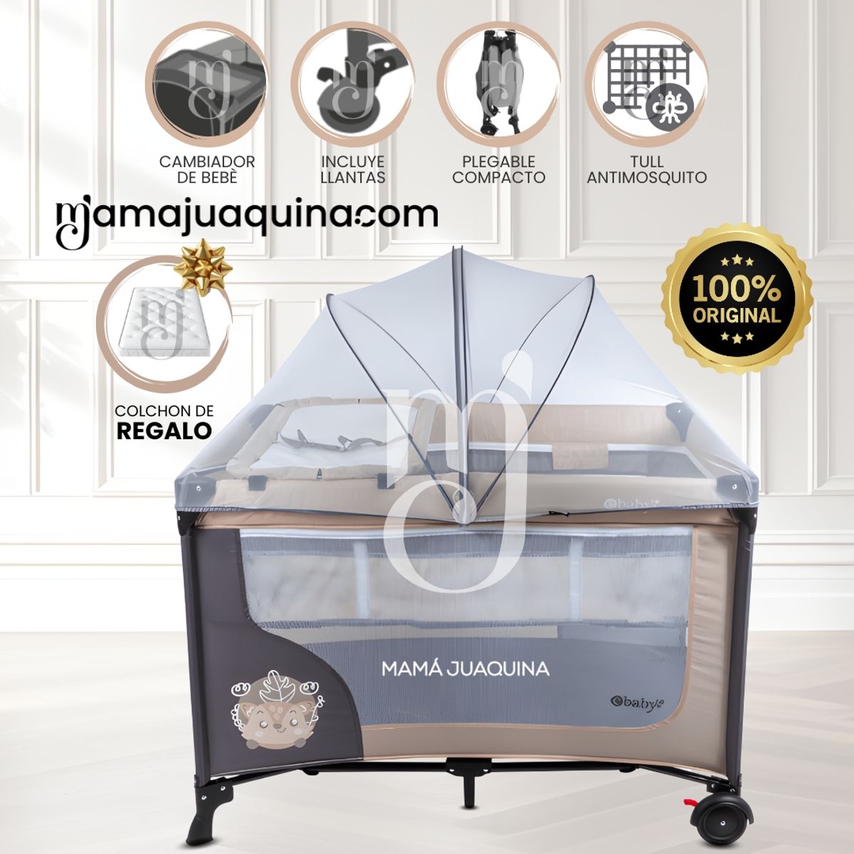 Baby - Cuna Corral Premium «HAPPY DREAM» Beige con Colchón