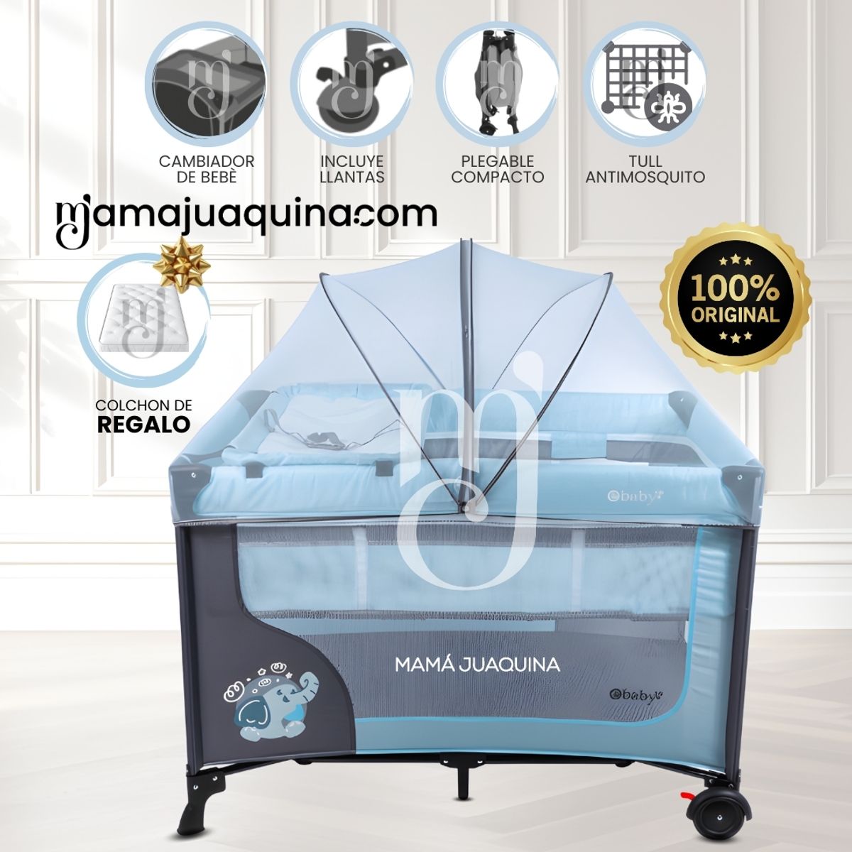 Baby - Cuna Corral Premium «HAPPY DREAM» Light Blue con Colchón
