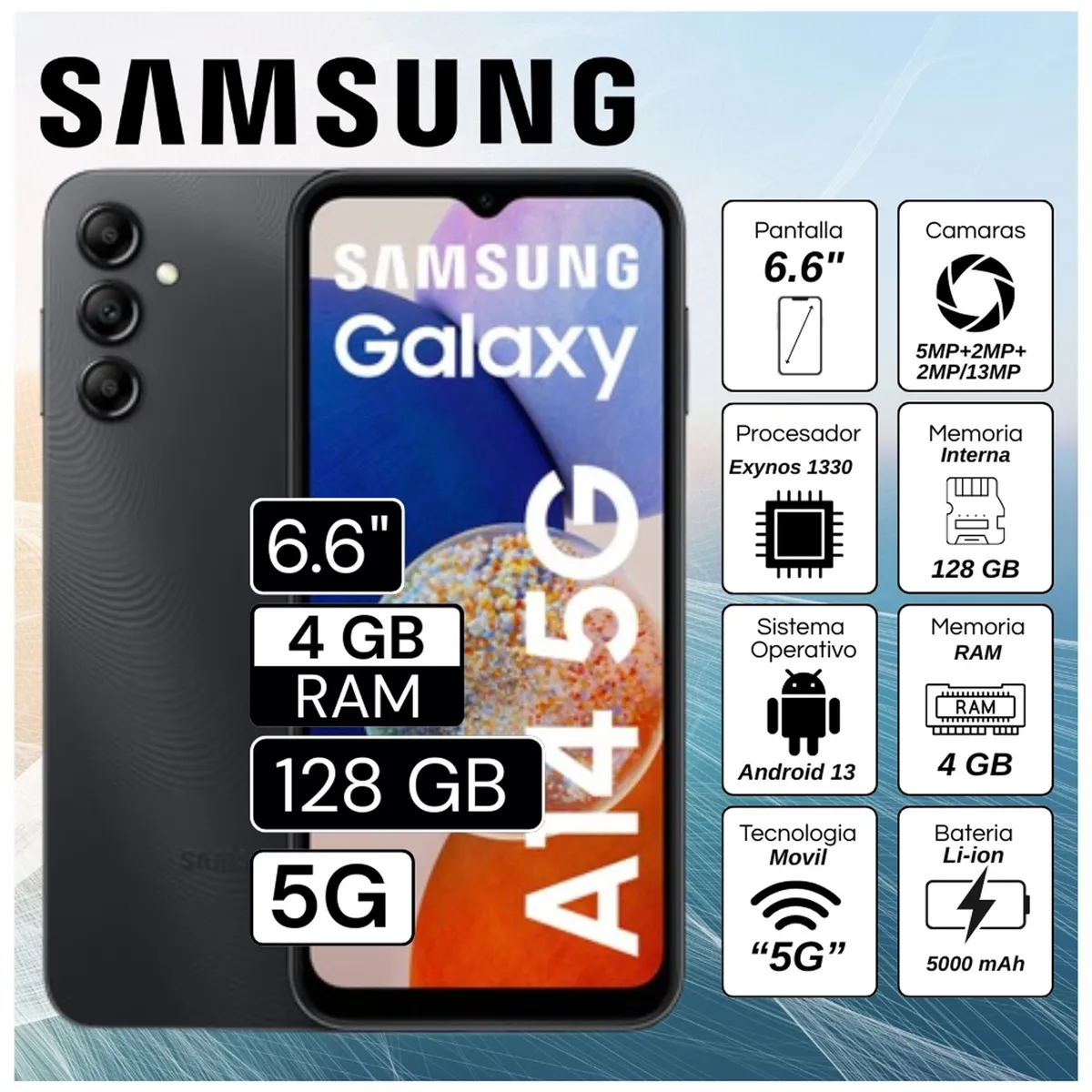 SAMSUNG - Celular Samsung Galaxy A14 5G 4GB RAM 128GB 6.6"  Pulg. Android 13 - Negro