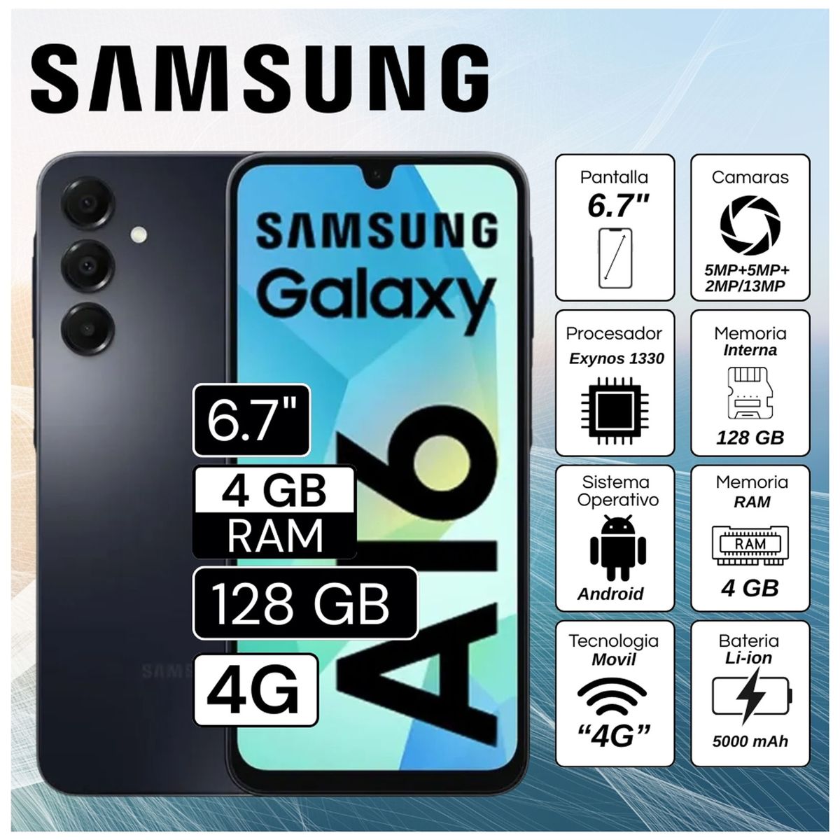 SAMSUNG - Celular Samsung Galaxy A16 4GB RAM 128GB  6.7" Pulg. Android 14 - Negro Azulado