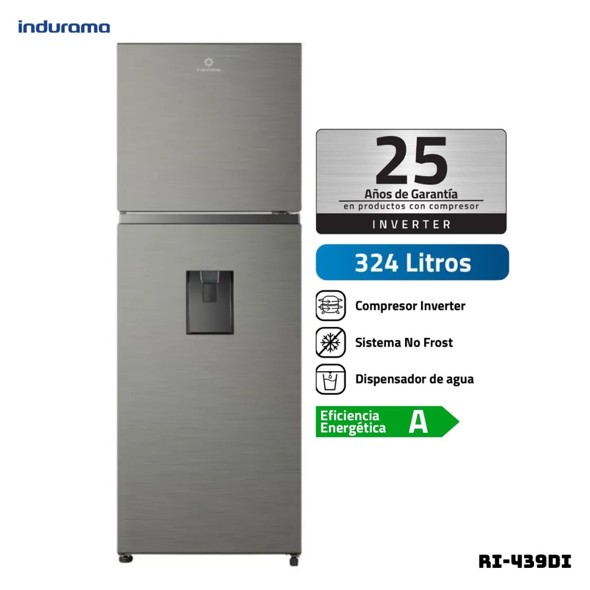 INDURAMA - REFRIGERADORA INDURAMA 324 L TOP FREEZER PLATEADO CON DISP - RI-439DI