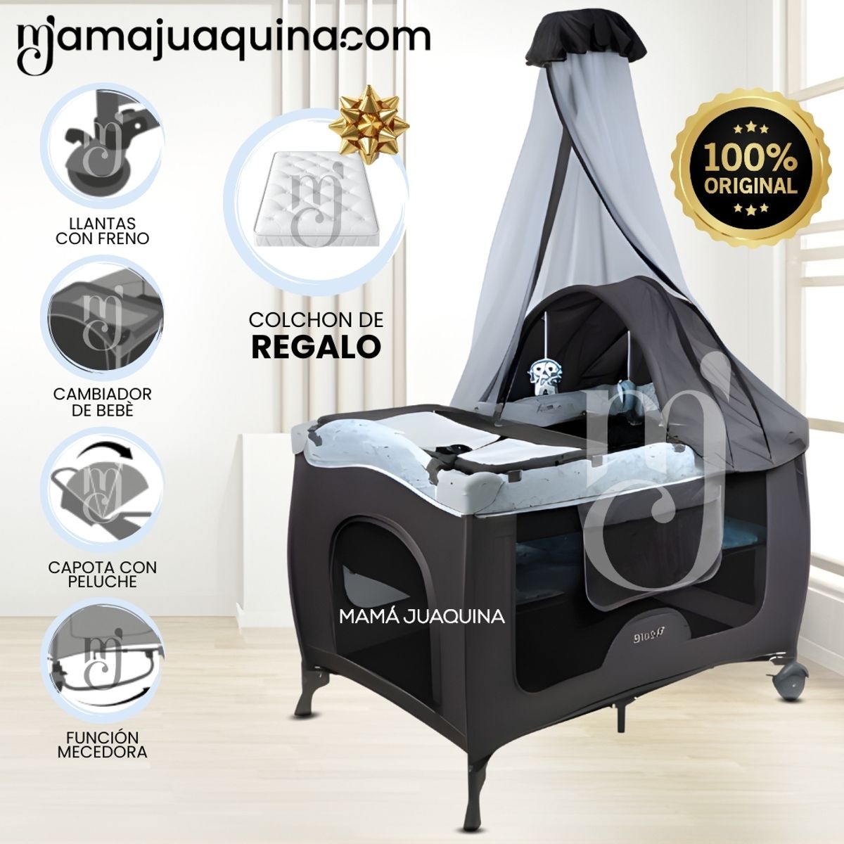 BABY - Cuna Corral Mecedora «SALLY CUTE» Light Blue con Colchón