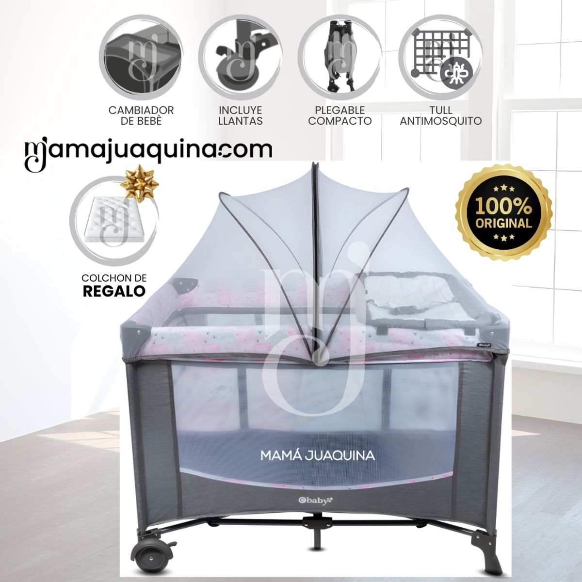 BABY - Cuna Corral «NELA» Grey Pink con Colchón