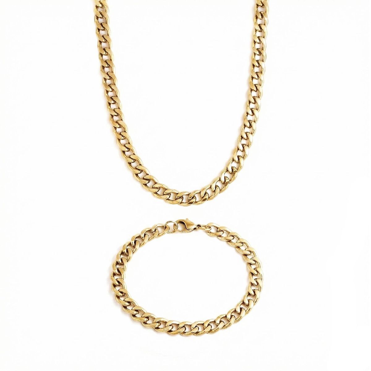 GENERICO - Set Collar y Pulsera Cadena Cubana 8mm Estilo Lomo de Corvina Dorada Acero Enchapado en Oro