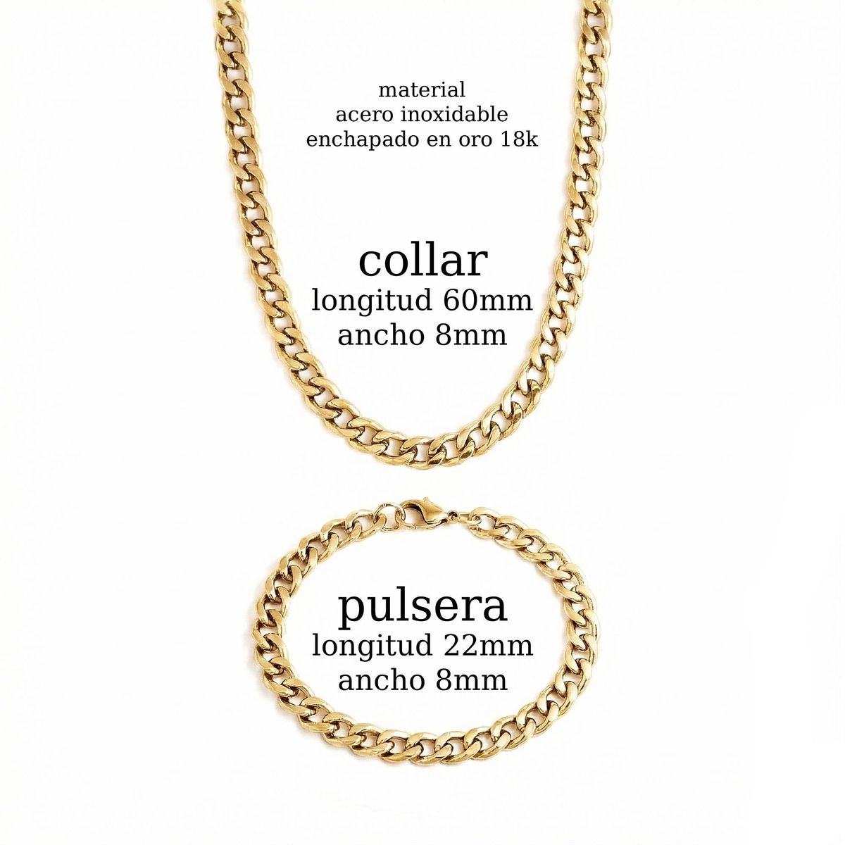 GENERICO - Set Collar y Pulsera Cadena Cubana 8mm Estilo Lomo de Corvina Dorada Acero Enchapado en Oro