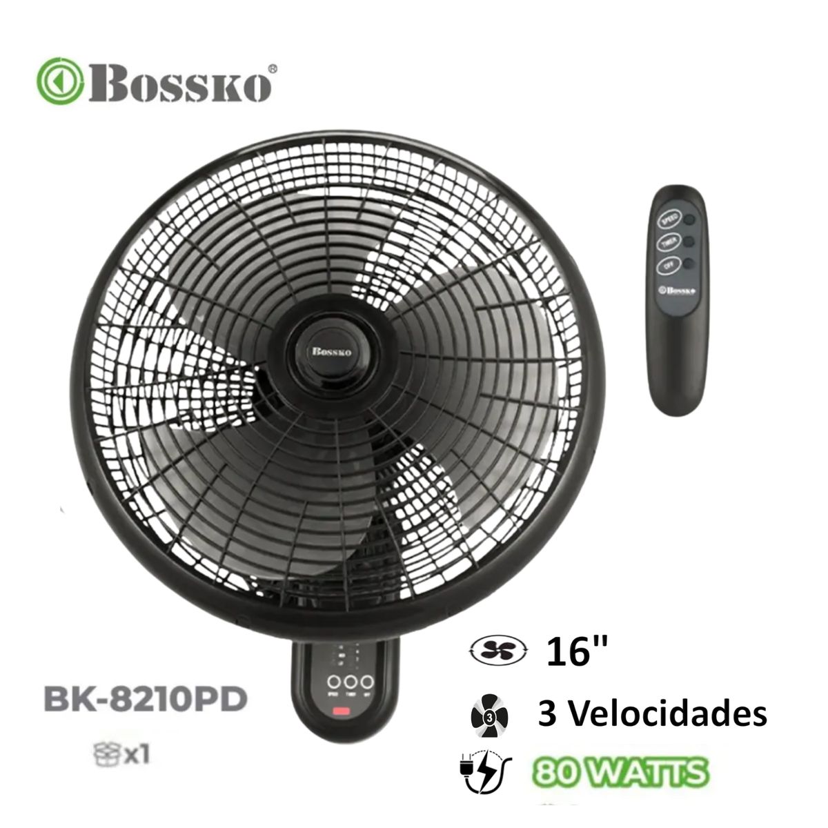 BOSSKO - Ventilador Bossko de Pared BK 8210PD con Control Remoto 80 Watts