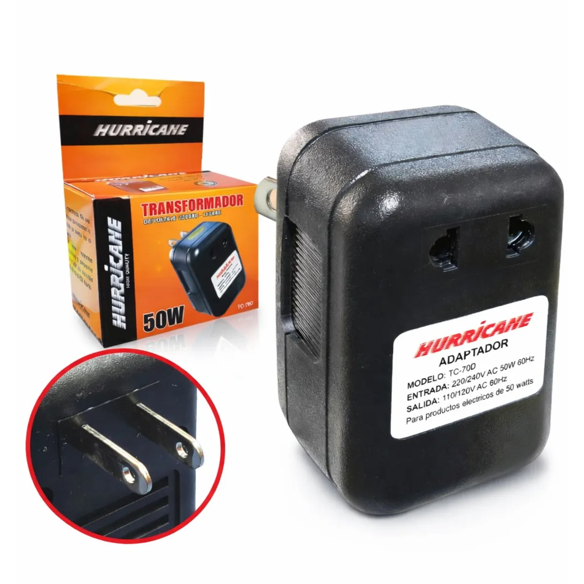HURRICANE - Transformador Reductor de Voltaje 220V a 110V AC 50W para Uso Interior