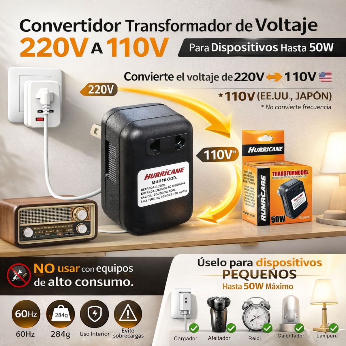 HURRICANE - Transformador Reductor de Voltaje 220V a 110V AC 50W para Uso Interior