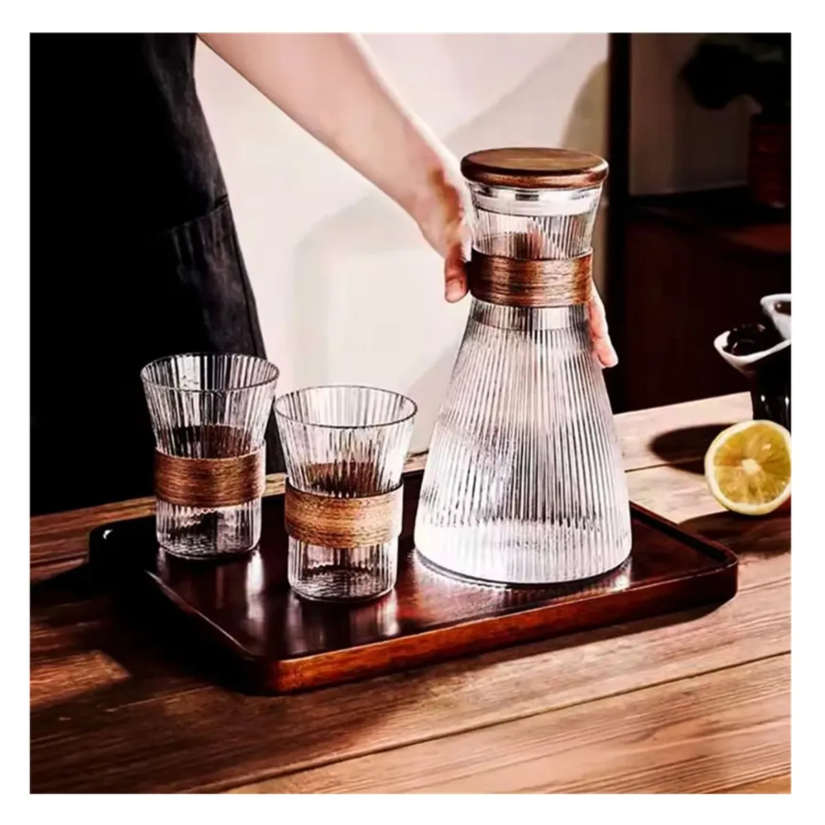 GENERICO - SET DE JARRA DECANTER Y 6 VASOS DE VIDRIO DE BOROSILICATO