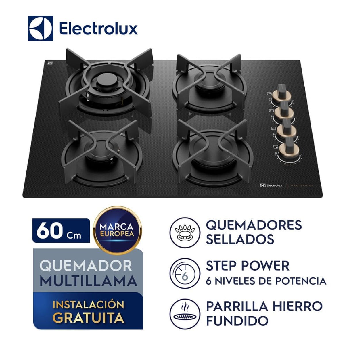ELECTROLUX - Encimera Electrolux Gas 4 hornillas 60 cm KE4PS