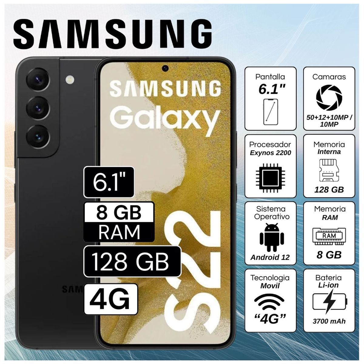 SAMSUNG - Celular Samsung Galaxy S22 6.1"  Pulg. 8GB RAM 128GB Android 12 - Negro