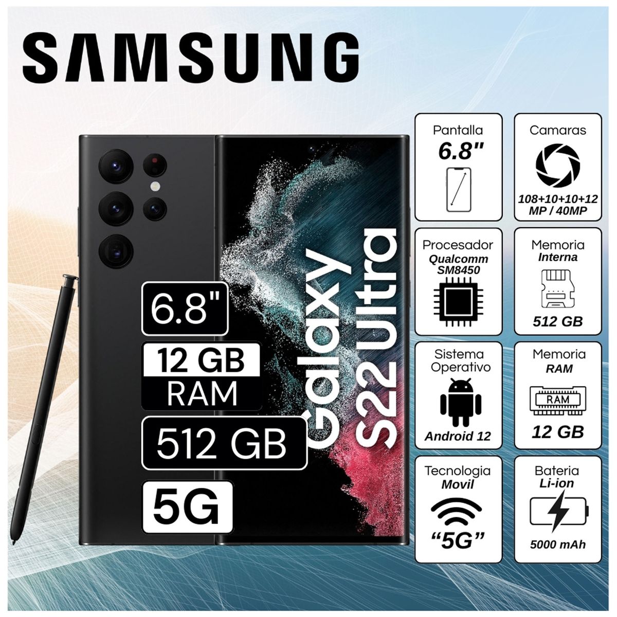 SAMSUNG - Celular Samsung Galaxy S22 Ultra 5G 6.8"  Pulg. 12GB RAM 512GB Android 12 - Negro