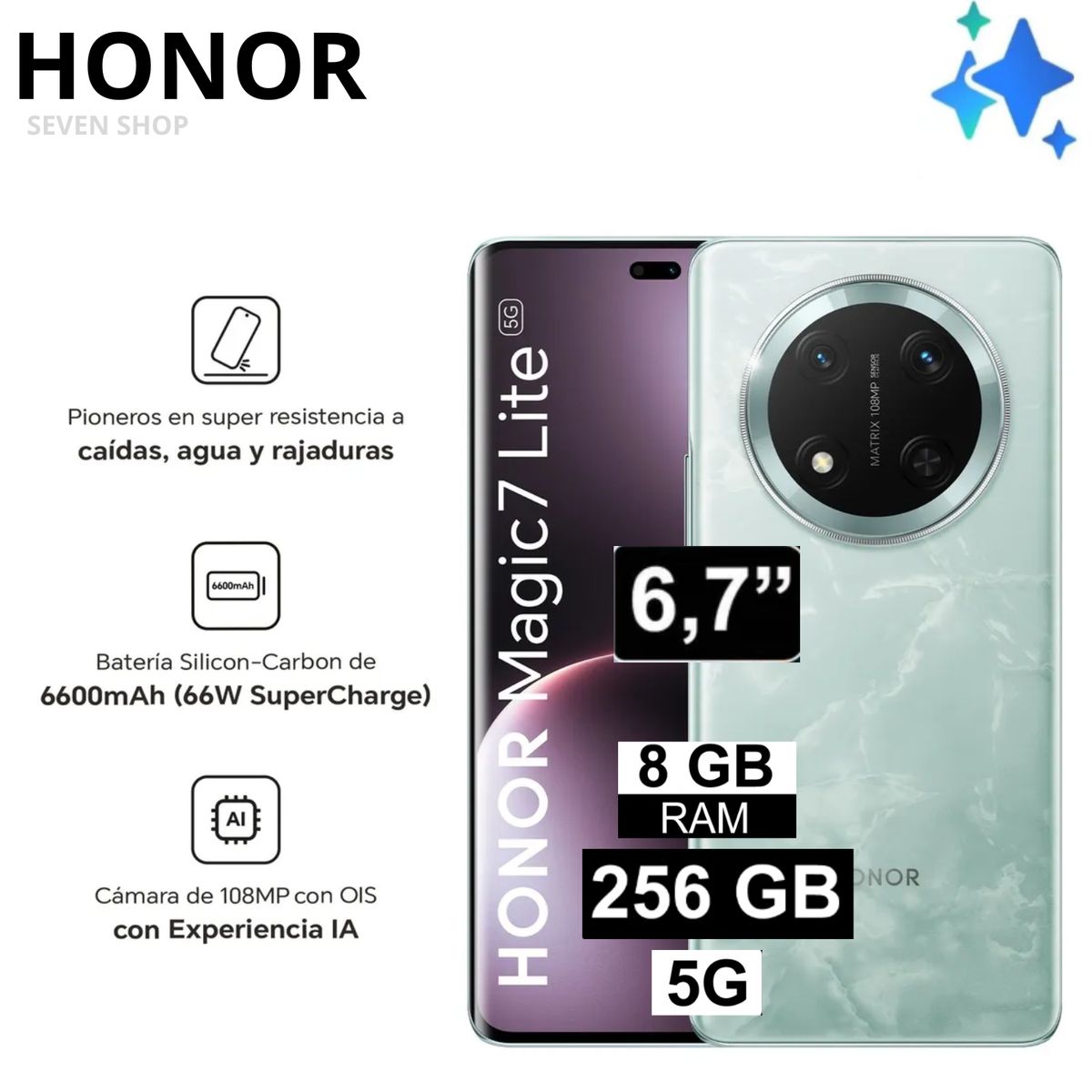 HONOR - Celular Honor Magic 7 Lite 5G 256GB 8GB RAM cámara 108MP + 5MP frontal 16MP 6.7"  - VERDE
