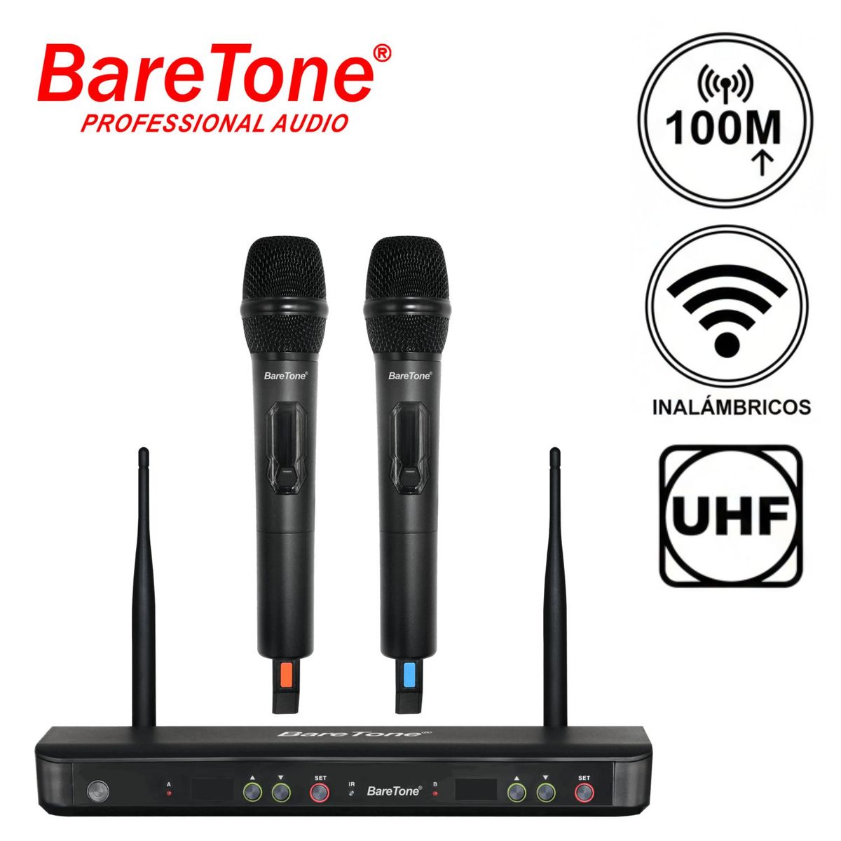 BARETONE - Sistema de Micrófono Inalámbrico Baretone WM 2802W Doble con UHF Multi Frecuencia