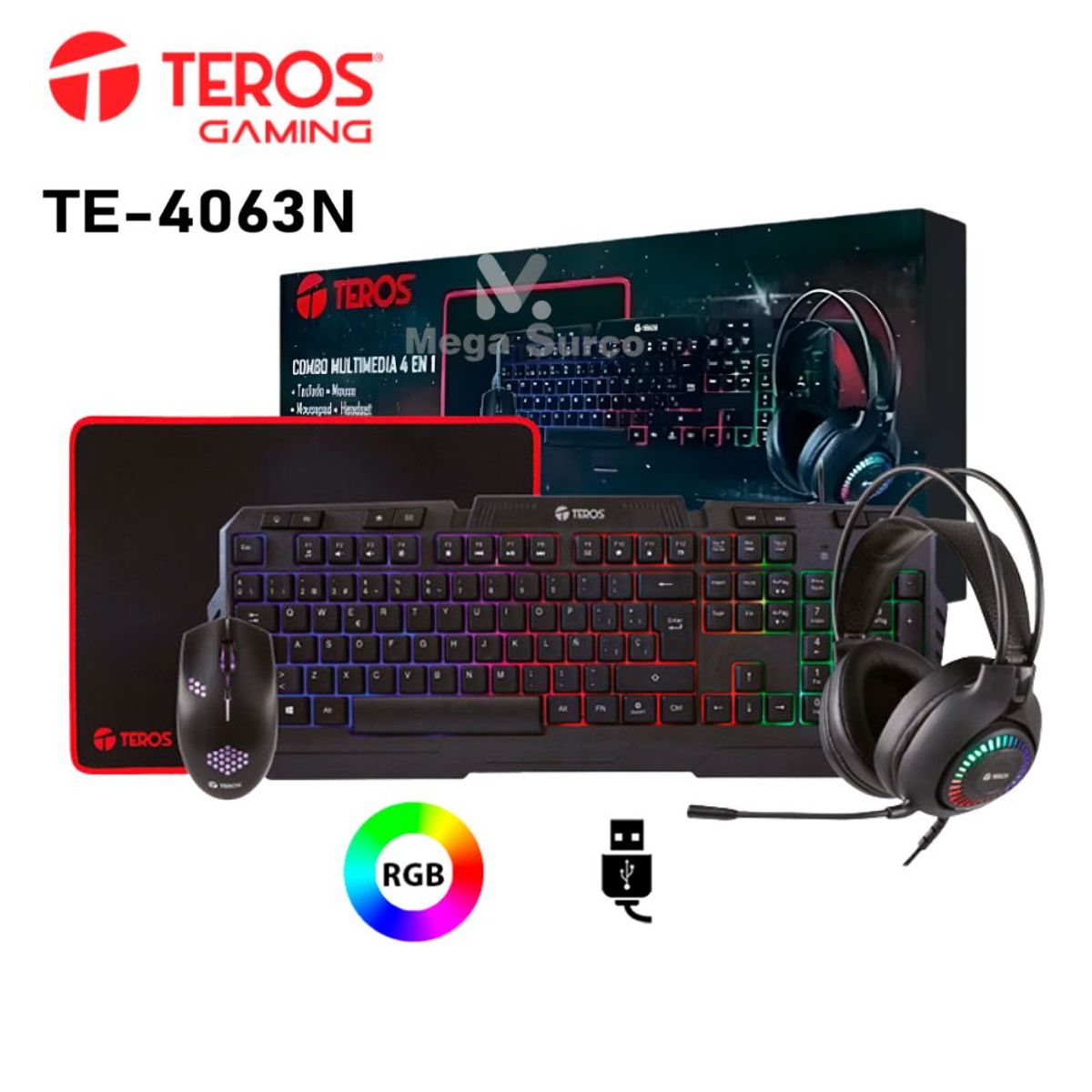TEROS - COMBO TEROS TECLADO Y MOUSE + AUDIFONO Y PAD MOUSE TE-4063N