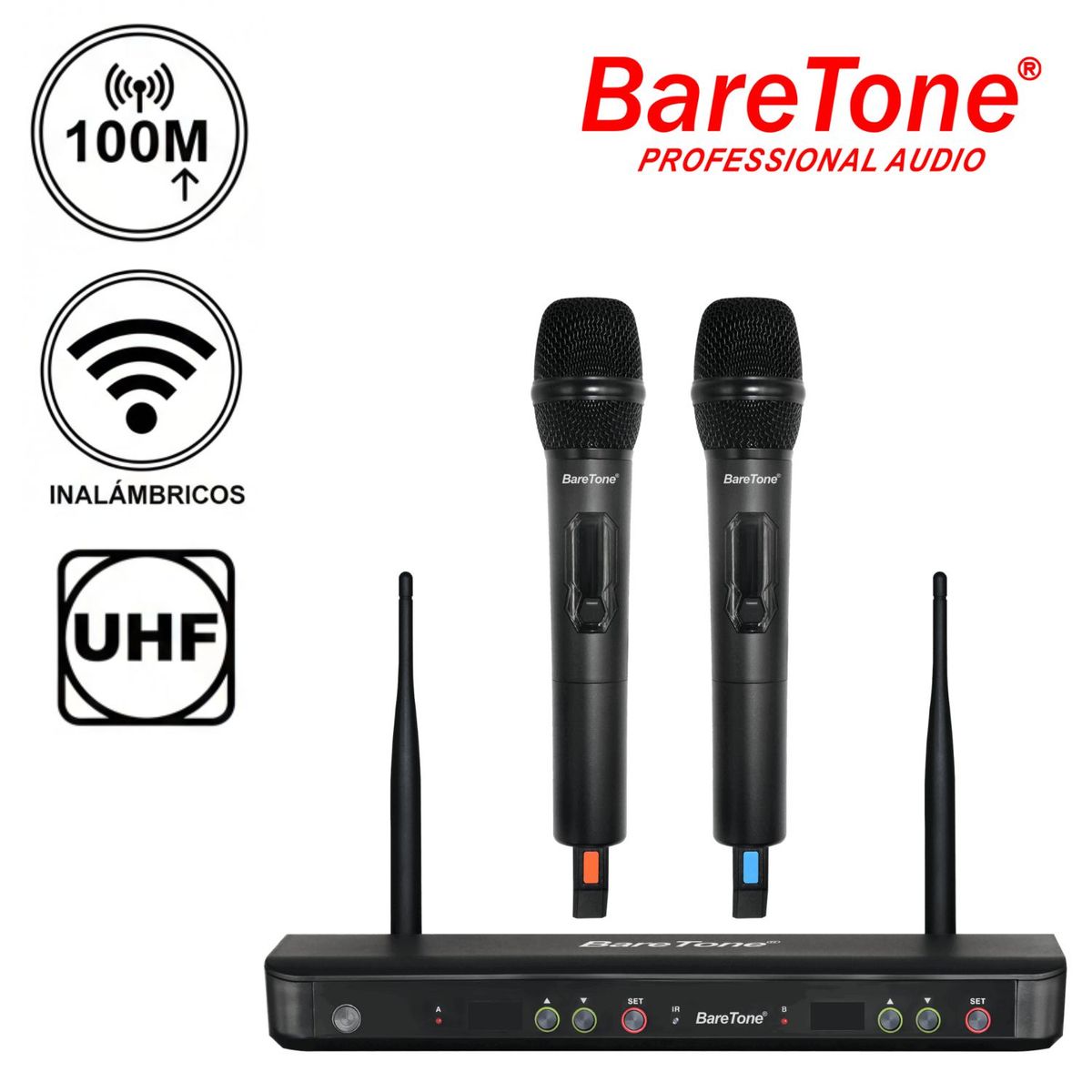 BARETONE - Sistema de Micrófono Inalámbrico Baretone WM 2802W Alcance 100 metros UHF Multi Frecuencia