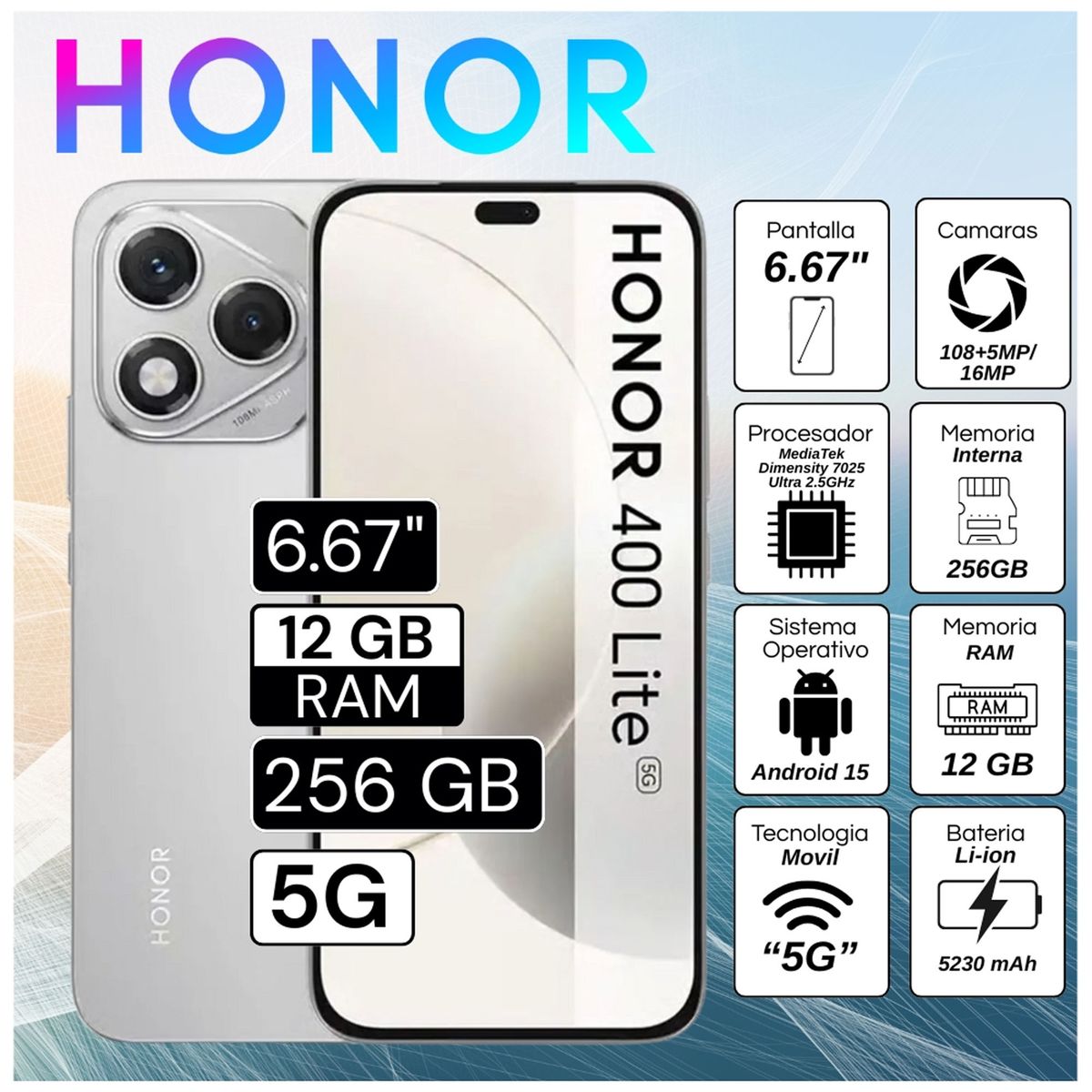 HONOR - Celular Honor 400 Lite 5G 12GB RAM 256GB 6.67"  Pulg. Android 15 - Plateado