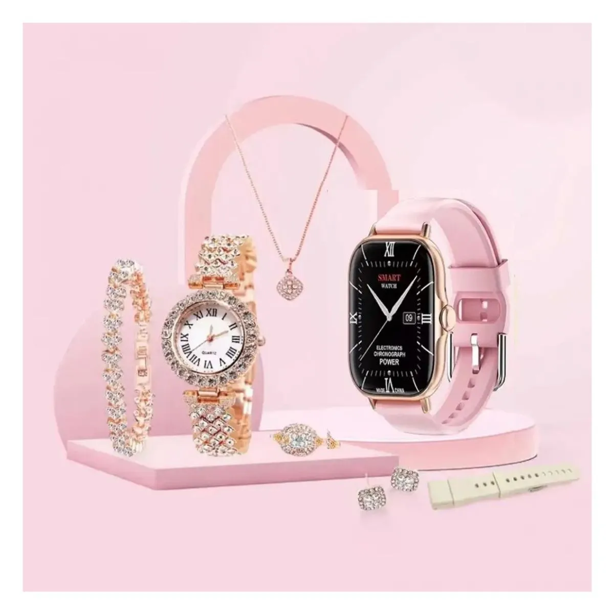 GENERICO - Smartwatch A58 PLUS con accesorios dorados, 7 en 1 para mujer Rosado