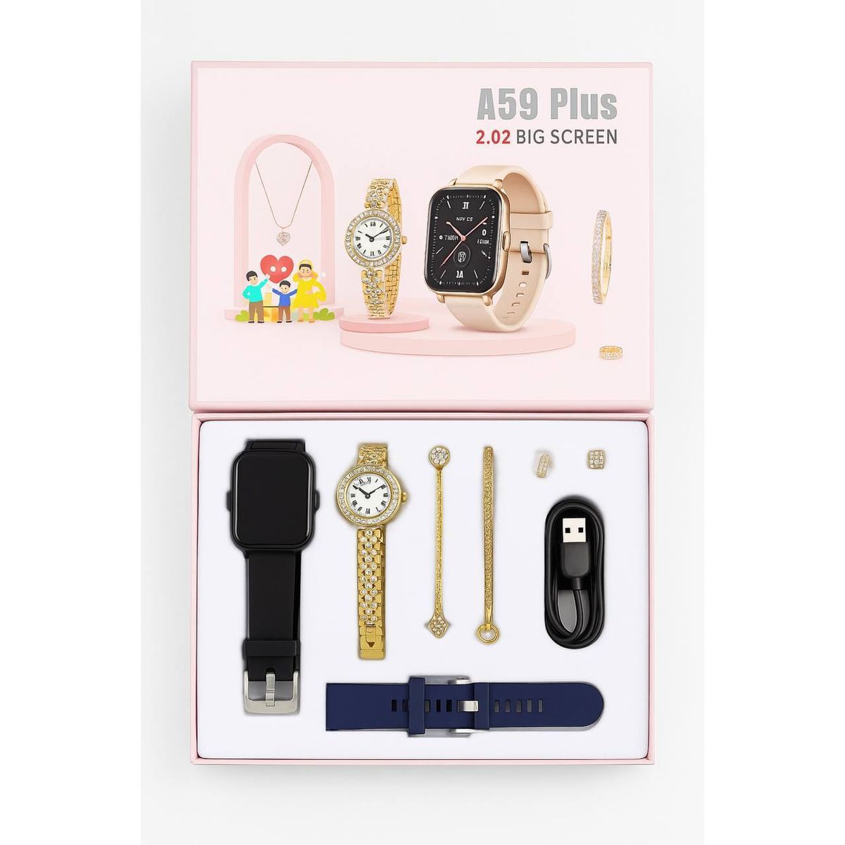 GENERICO - Smartwatch A58 PLUS con accesorios dorados, 7 en 1 para mujer Rosado