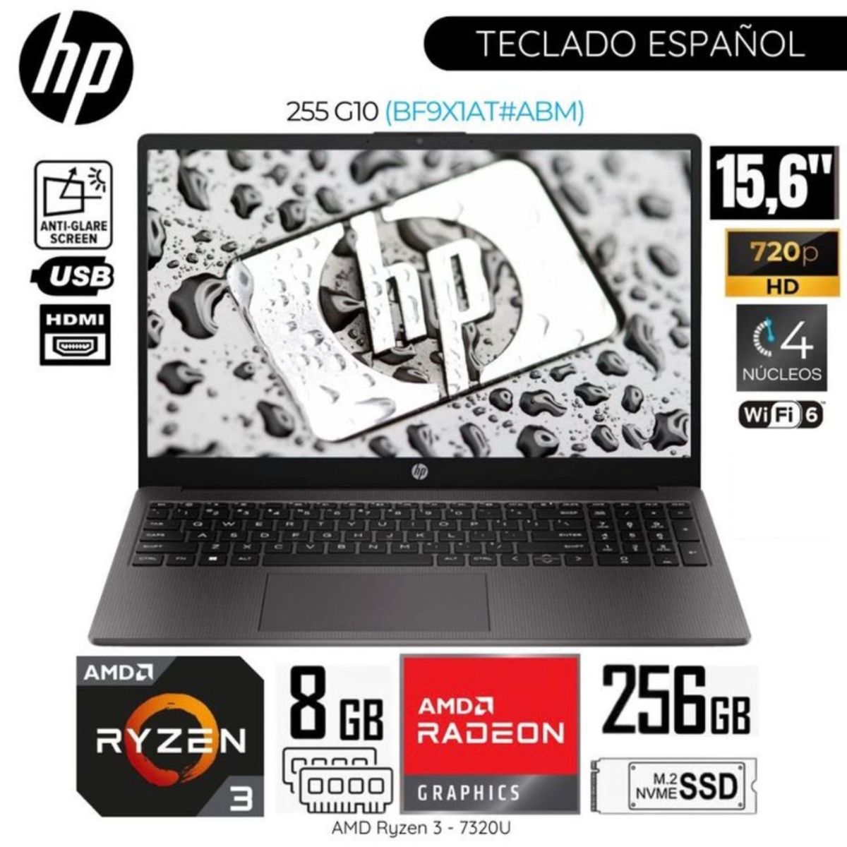 HP - Laptop HP 255 G10 AMD Ryzen 3 7330U 8GB RAM 256GB SSD 15.6" HD
