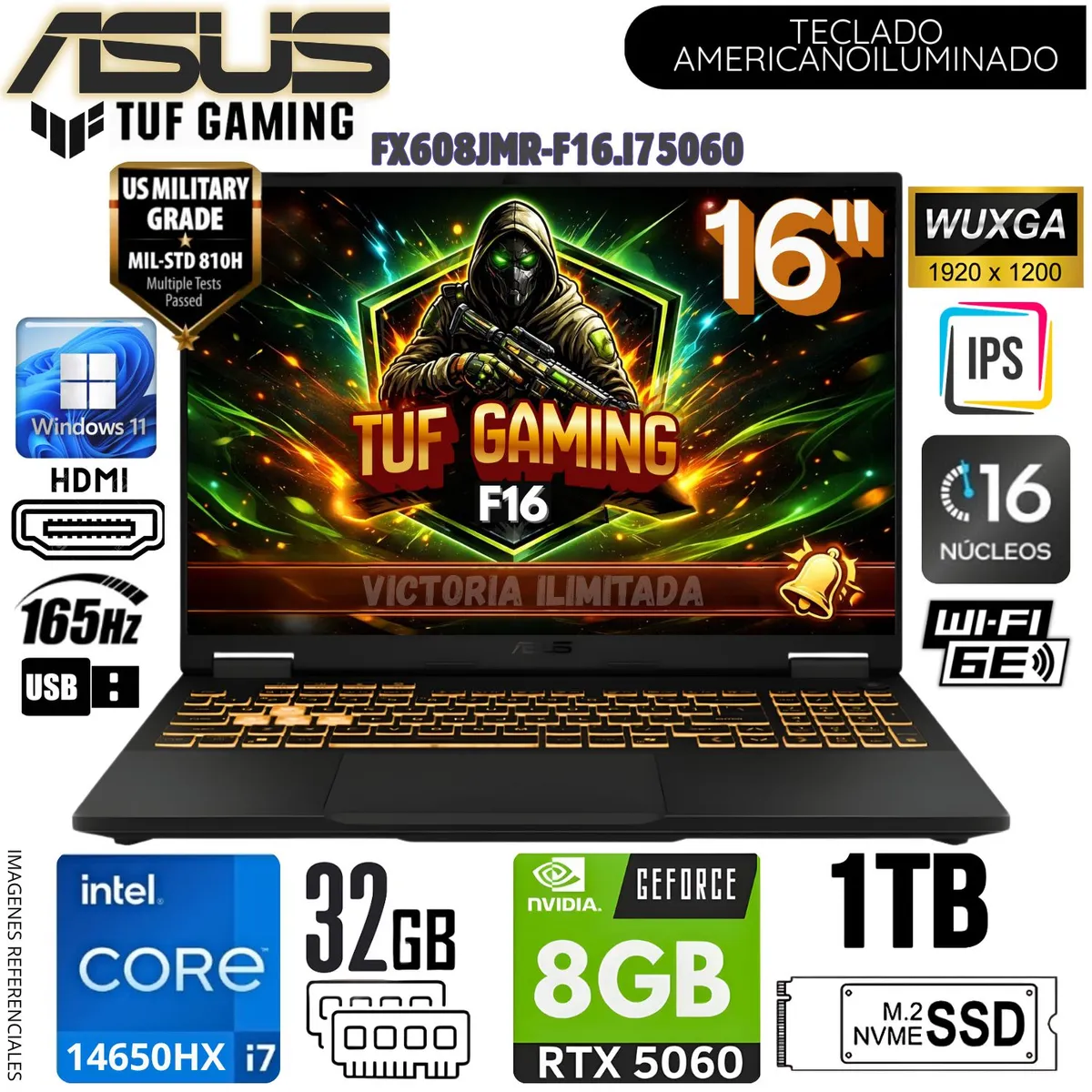 ASUS - Laptop Asus TUF Gaming F16 FX608JMR Intel Core i7 14650HX 32GB RAM 1TB SSD RTX 5060-8GB 16 WUXGA