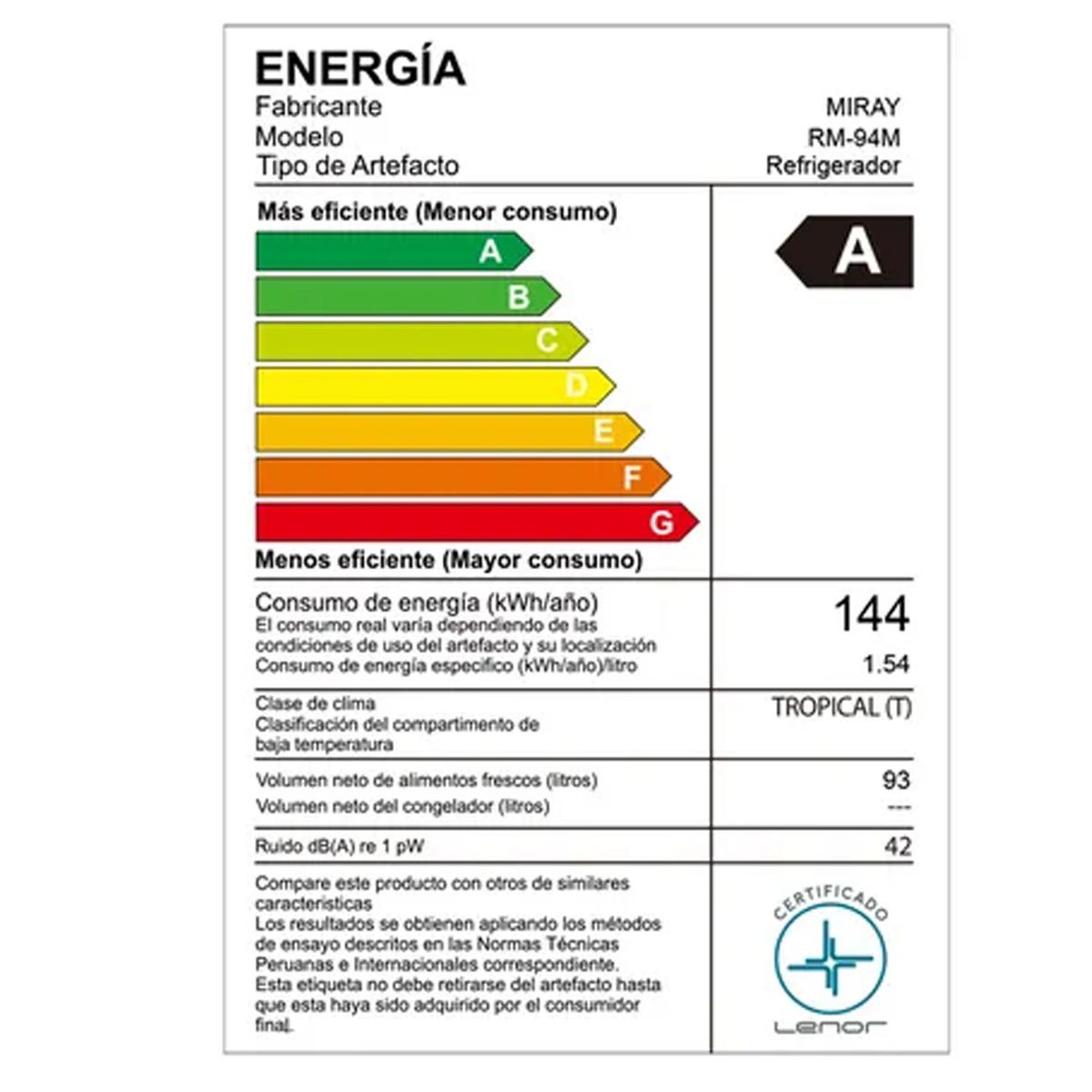 MIRAY - Frigobar-Refrigeradora Miray RM-94M 93 L