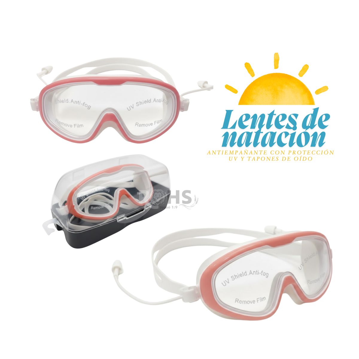 OEM - Lentes de Natación Antiempañante con Protección UV y Tapones de Oído- Rojo pastel