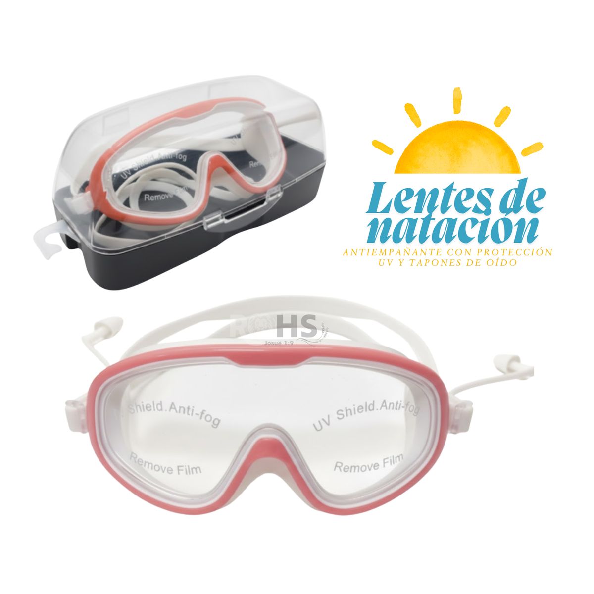 OEM - Lentes de Natación Antiempañante con Protección UV y Tapones de Oído- Rojo pastel