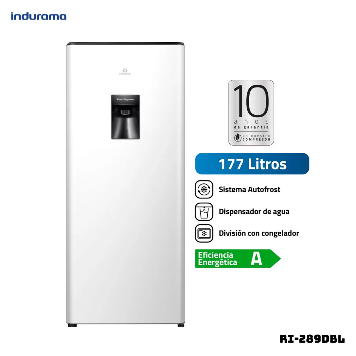 INDURAMA - REFRIGERADORA INDURAMA 177 L CON DISP DE AGUA BLANCA - RI-289DBL