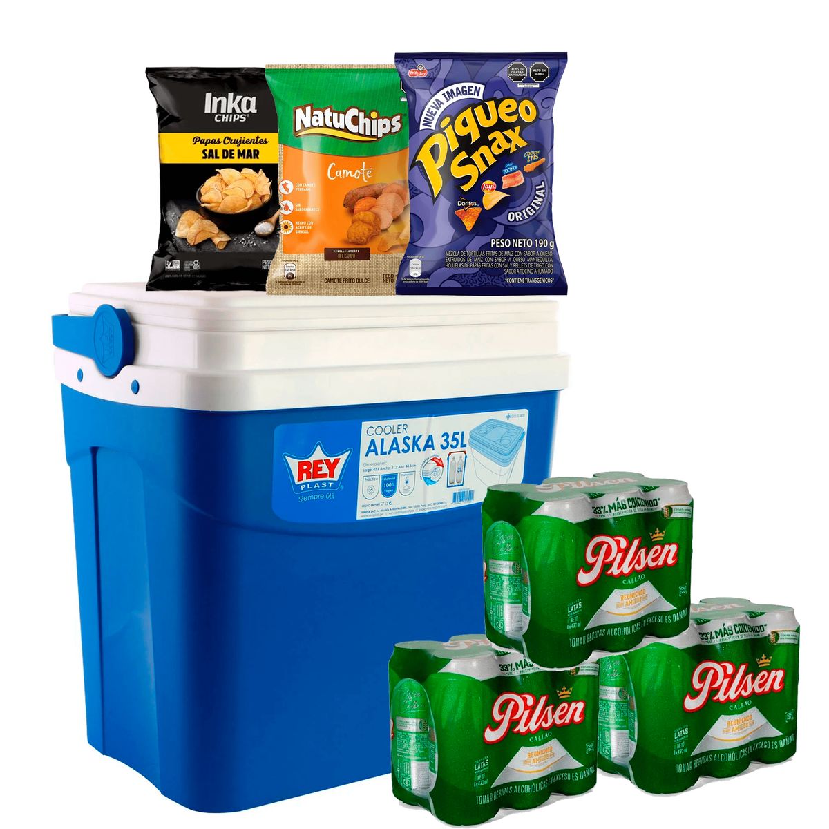 PILSEN - Cerveza Pilsen six Pack Lata 473 mL + Cooler 35L +  Snack
