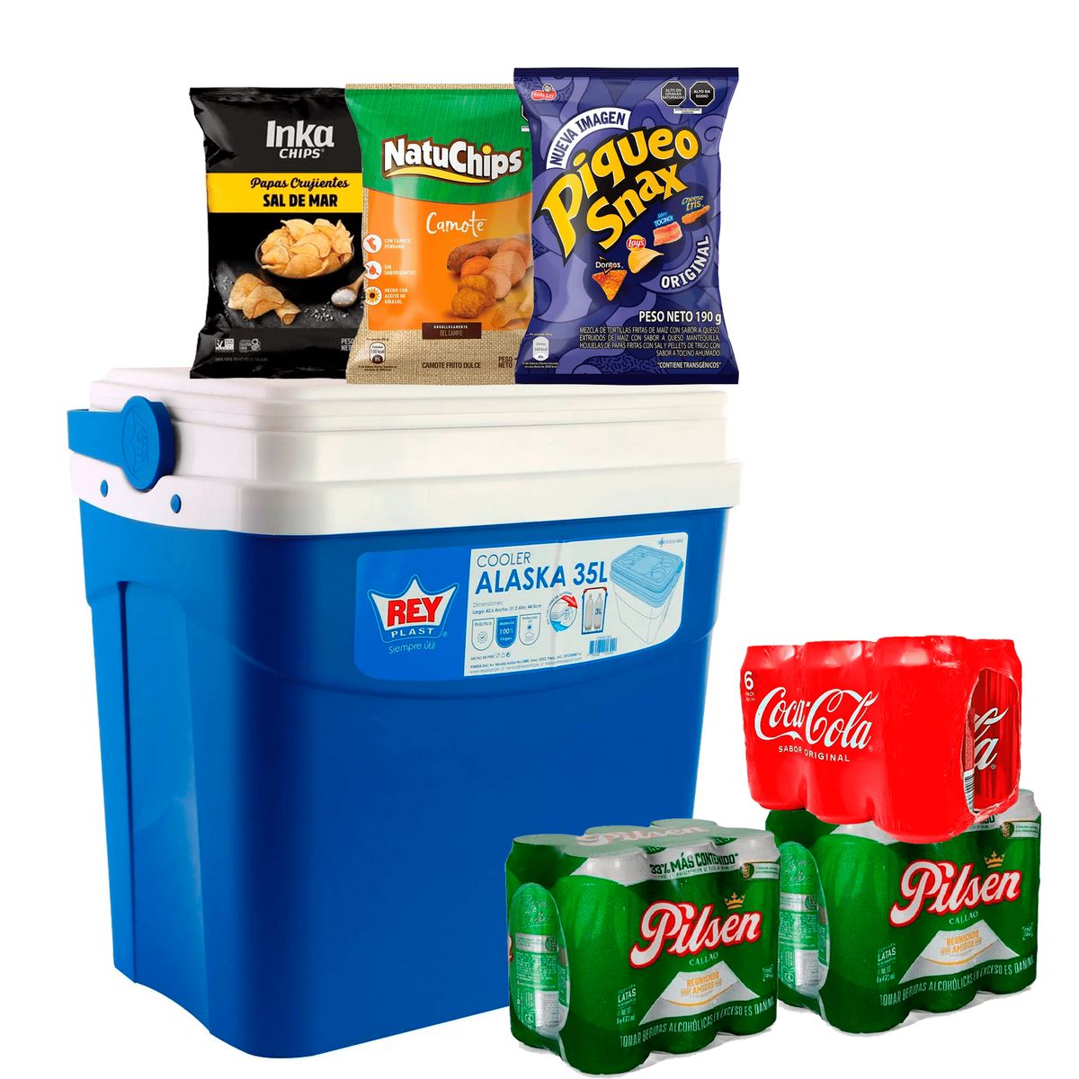 PILSEN - Cerveza Pilsen six Pack Lata 473 mL + Cooler 35L +  Snack +  Coca Cola