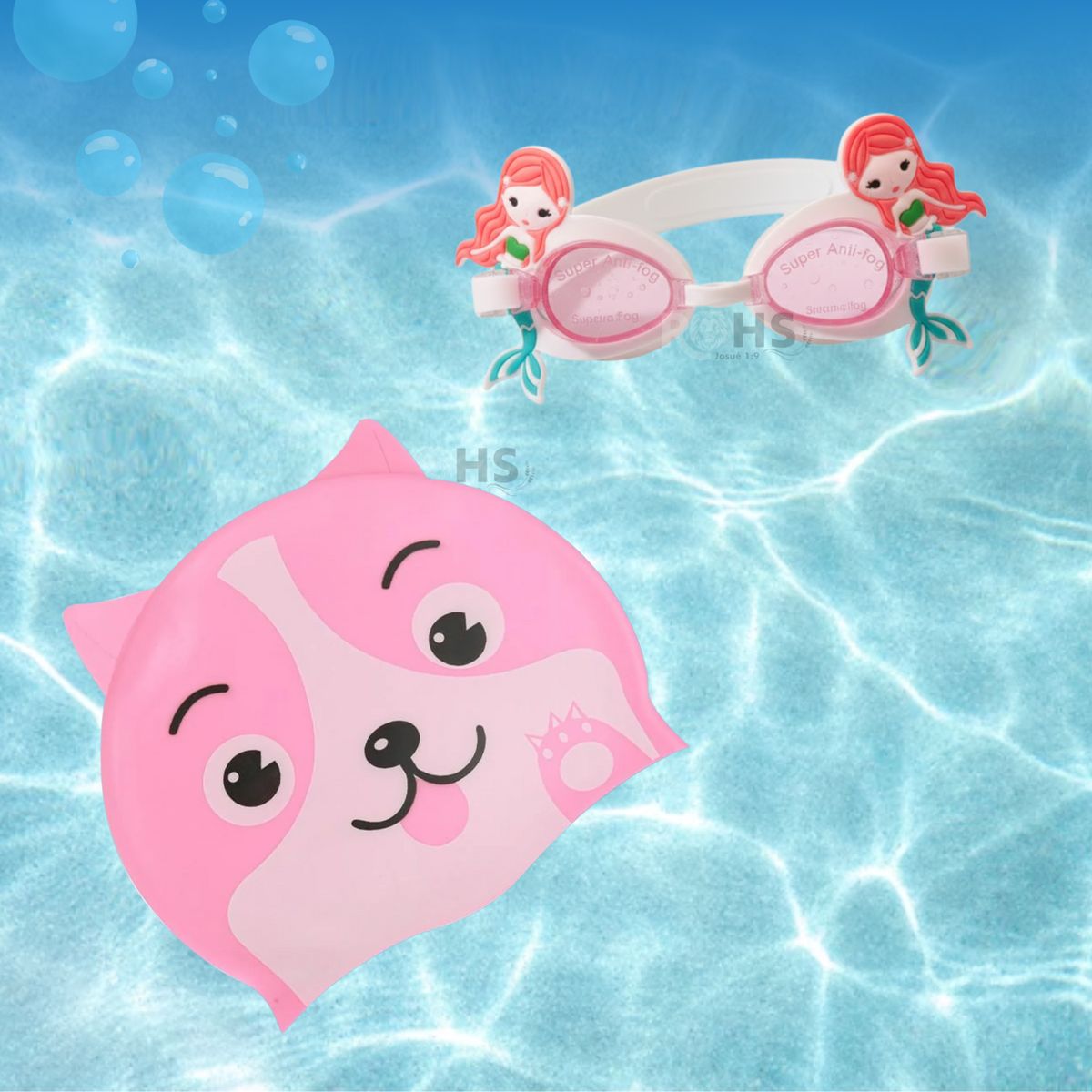 ROHS - Pack Gorro Rosado + Lentes de Natación Con Diseño de Sirena Para Niñas